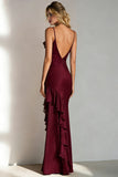 Mermaid Burgundy V-Neck Long Formal With Ruffles