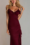 Mermaid Burgundy V-Neck Long Formal With Ruffles
