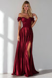 Mermaid Burgundy Off the Shoulder Satin Long Wedding Guest Dress With Slit