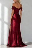 Mermaid Burgundy Off the Shoulder Satin Long Wedding Guest Dress With Slit