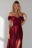 Mermaid Burgundy Off the Shoulder Satin Long Wedding Guest Dress With Slit