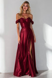 Burgundy A Line Off the Shoulder Long Formal Dress With Slit