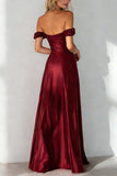 Burgundy A Line Off the Shoulder Long Formal Dress With Slit