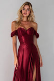 Burgundy A Line Off the Shoulder Long Formal Dress With Slit