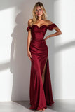 Elegant Burgundy Sheath Off the Shoulder Long Formal Dress With Slit