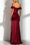 Elegant Burgundy Sheath Off the Shoulder Long Formal Dress With Slit
