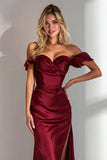 Elegant Burgundy Sheath Off the Shoulder Long Formal Dress With Slit