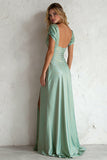 Mermaid Light Green V-Neck Satin Long Wedding Guest Dress With Slit