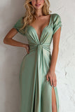 Mermaid Light Green V-Neck Satin Long Wedding Guest Dress With Slit