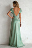 Mermaid Light Green V-Neck Satin Long Wedding Guest Dress With Slit