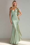 Light Green Mermaid One Shoulder Satin Long Wedding Guest Dress