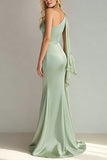 Light Green Mermaid One Shoulder Satin Long Wedding Guest Dress
