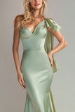 Light Green Mermaid One Shoulder Satin Long Wedding Guest Dress