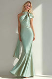 Mermaid Halter Light Green Satin Long Wedding Guest Dress With Sash