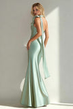 Mermaid Halter Light Green Satin Long Wedding Guest Dress With Sash