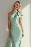 Mermaid Halter Light Green Satin Long Wedding Guest Dress With Sash
