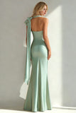 Mermaid Halter Light Green Satin Long Wedding Guest Dress With Sash