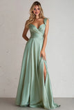 A Line Satin Light Green Long Bridesmaid Dress With Slit