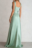 A Line Satin Light Green Long Bridesmaid Dress With Slit