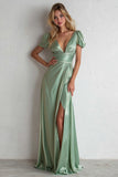 Sheath V-Neck Light Green Satin Long Bridesmaid Dress With Slit