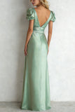 Sheath V-Neck Light Green Satin Long Bridesmaid Dress With Slit