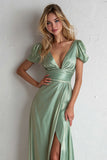 Sheath V-Neck Light Green Satin Long Bridesmaid Dress With Slit