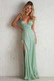 V-Neck Light Green Ruched Sheath Long Wedding Guest Dress With Slit
