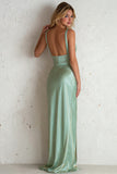V-Neck Light Green Ruched Sheath Long Wedding Guest Dress With Slit