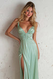 V-Neck Light Green Ruched Sheath Long Wedding Guest Dress With Slit