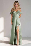 Light Green A Line Cold Shoulder Long Bridesmaid Dress With Slit