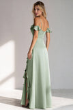 Light Green A Line Cold Shoulder Long Bridesmaid Dress With Slit