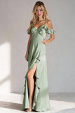 Light Green A Line Cold Shoulder Long Bridesmaid Dress With Slit