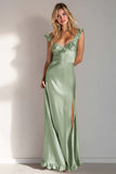 Sheath Light Green V-Neck Long Bridesmaid Dress With Slit