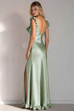 Sheath Light Green V-Neck Long Bridesmaid Dress With Slit