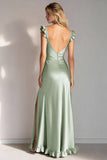 Sheath Light Green V-Neck Long Bridesmaid Dress With Slit