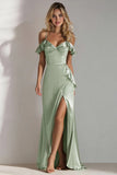 Light Green Cold Shoulder Sheath Long Bridesmaid Dress With Slit