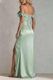Light Green Cold Shoulder Sheath Long Bridesmaid Dress With Slit