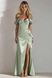 Light Green Cold Shoulder Sheath Long Bridesmaid Dress With Slit
