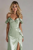Light Green Cold Shoulder Sheath Long Bridesmaid Dress With Slit