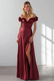 Burgundy Off the Shoulder A Line Long Bridesmaid Dress With Slit