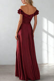 Burgundy Off the Shoulder A Line Long Bridesmaid Dress With Slit