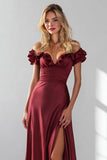 Burgundy Off the Shoulder A Line Long Bridesmaid Dress With Slit