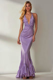 Mermaid Lilac Halter Ruched Long Wedding Guest Dress With Ruffles