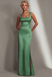 Green Sheath Square Neck Long Wedding Guest Dress With Slit