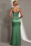 Green Sheath Square Neck Long Wedding Guest Dress With Slit
