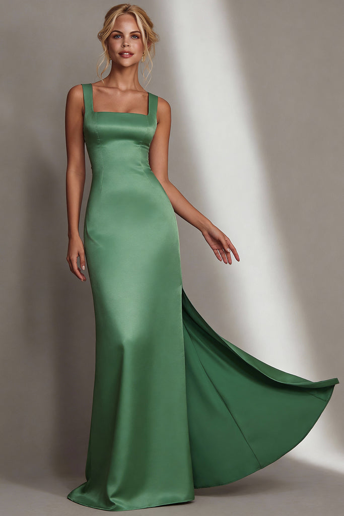 WEDTREND Women Green Sheath Long Wedding Guest Dress Satin Square Neck
