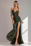 Dark Green Ruched Sheath Long Formal Dress With Slit