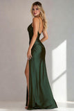 Dark Green Ruched Sheath Long Formal Dress With Slit