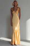Yellow Satin V-Neck Sheath Long Wedding Guest Dress with Bows