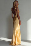 Yellow Satin V-Neck Sheath Long Wedding Guest Dress with Bows